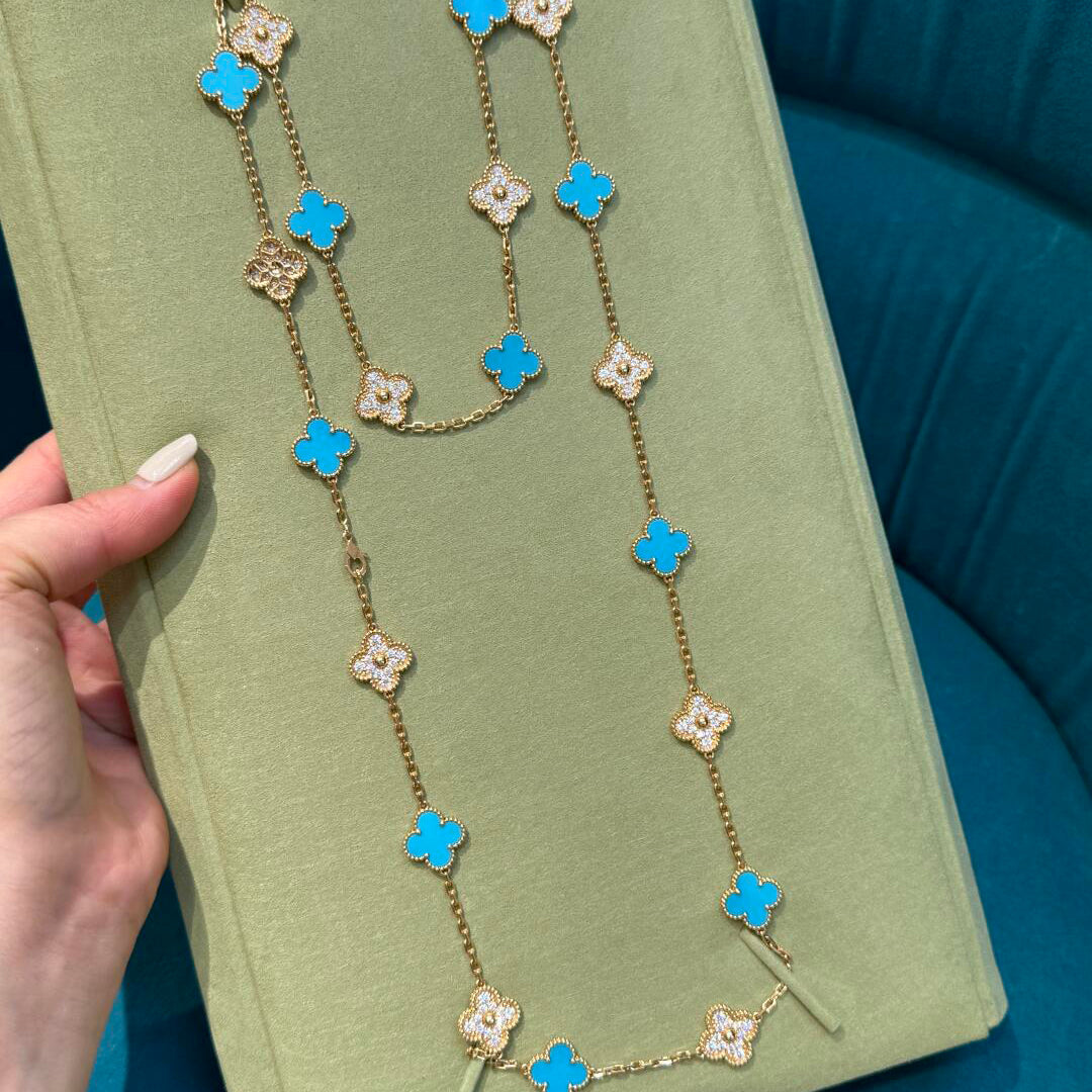 [Lora-Jewelry] COLLIER TRÈFLE 20 MOTIFS TURQUOISE DIAMANT