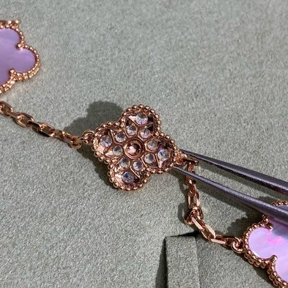 [ローラジュエリー]クローバー 10モチーフ ダイヤモンド ピンク モップネックレス