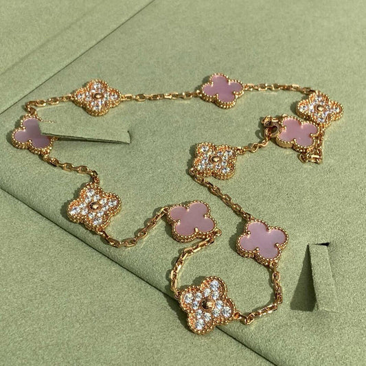 [Lora-Jewelry]CLOVER 10 MOTIFS DIAMOND PINK MOP NECKLACE
