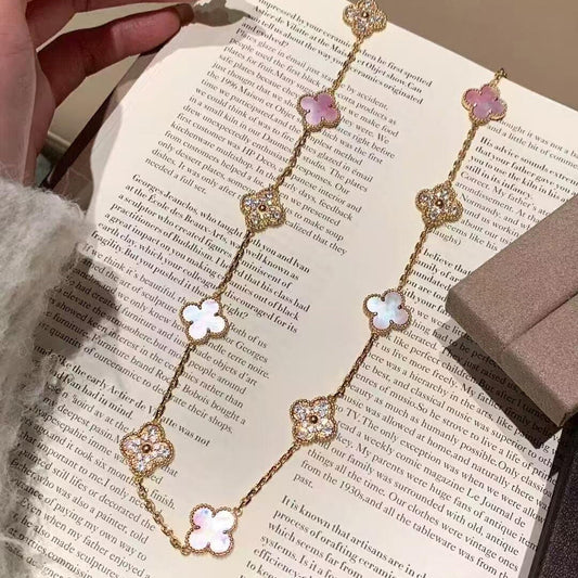 [Lora-Jewelry]CLOVER 20 MOTIFS DIAMOND PINK MOP NECKLACE