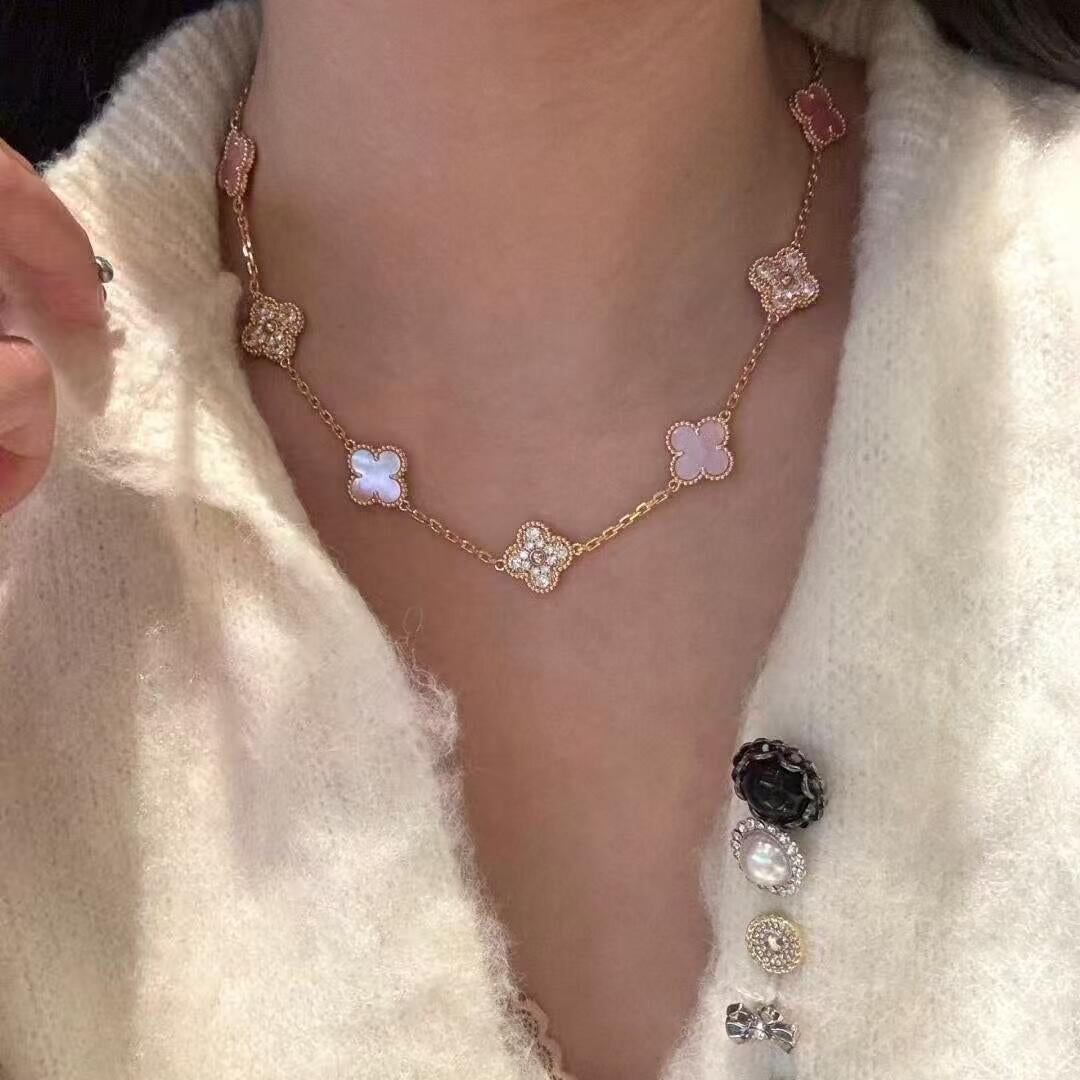 [ローラジュエリー]クローバー 10モチーフ ダイヤモンド ピンク モップネックレス