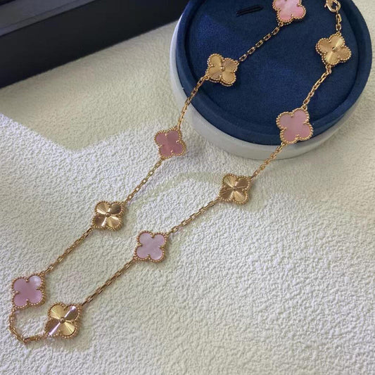 [Lora-Jewelry]CLOVER 10 MOTIFS  LASER PINK MOP NECKLACE