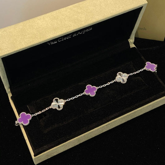 [Lora-Jewelry]CLOVER  5 MOTIFS  PURPLE VIOLET BRACELET SILVER