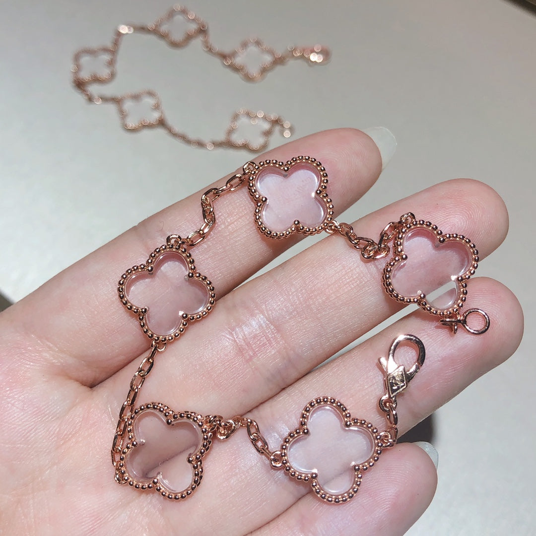 [ローラジュエリー]クローバー 5モチーフ ロッククリスタル ピンクゴールド ブレスレット