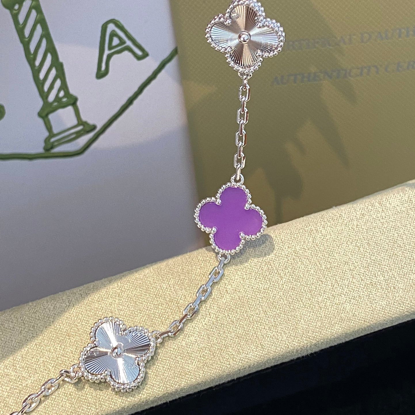 [Lora-Jewelry]CLOVER  5 MOTIFS  PURPLE VIOLET BRACELET SILVER
