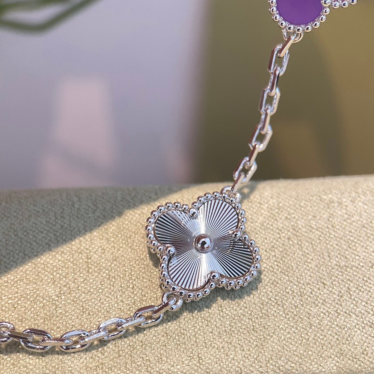[Lora-Jewelry]CLOVER  5 MOTIFS  PURPLE VIOLET BRACELET SILVER