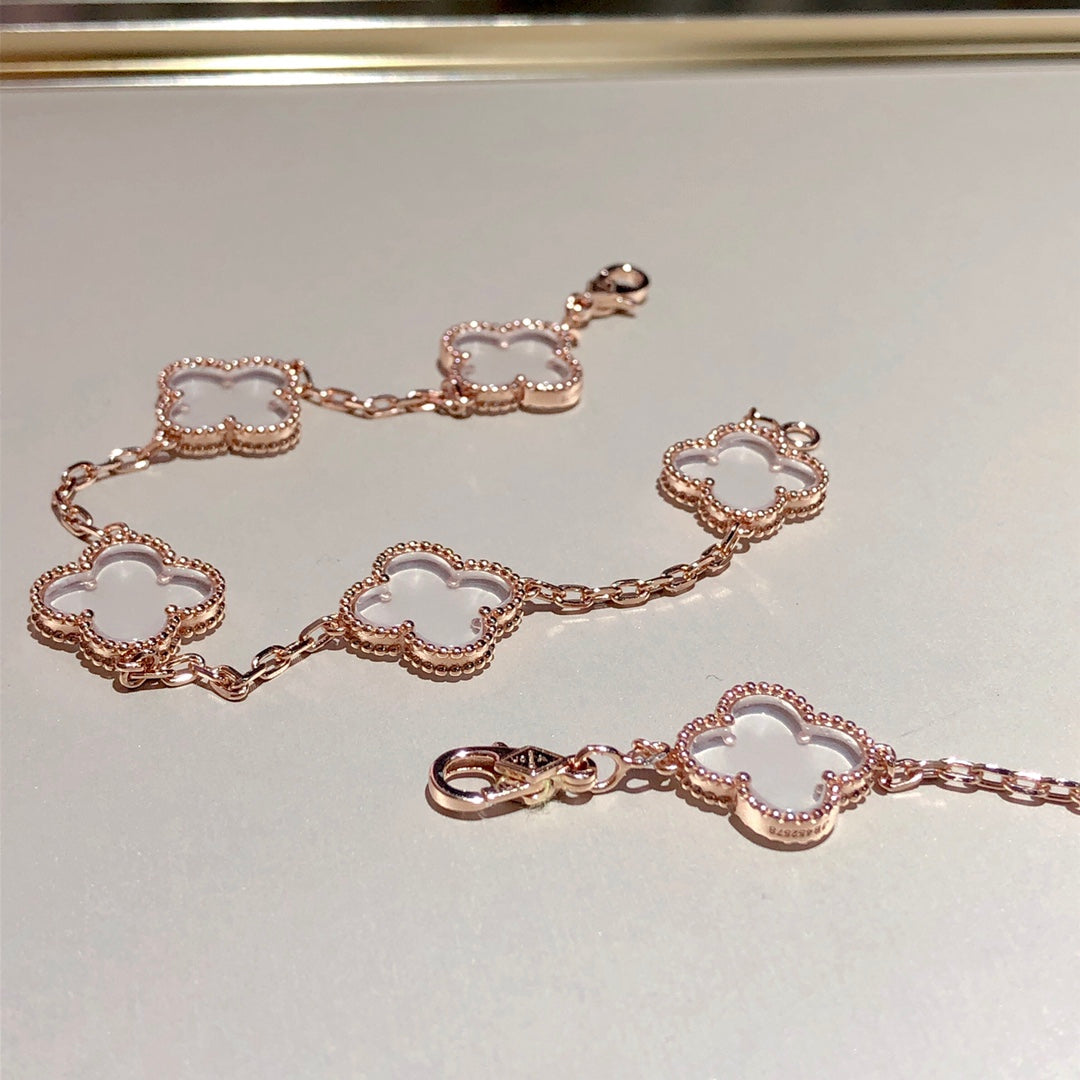 [ローラジュエリー]クローバー 5モチーフ ロッククリスタル ピンクゴールド ブレスレット