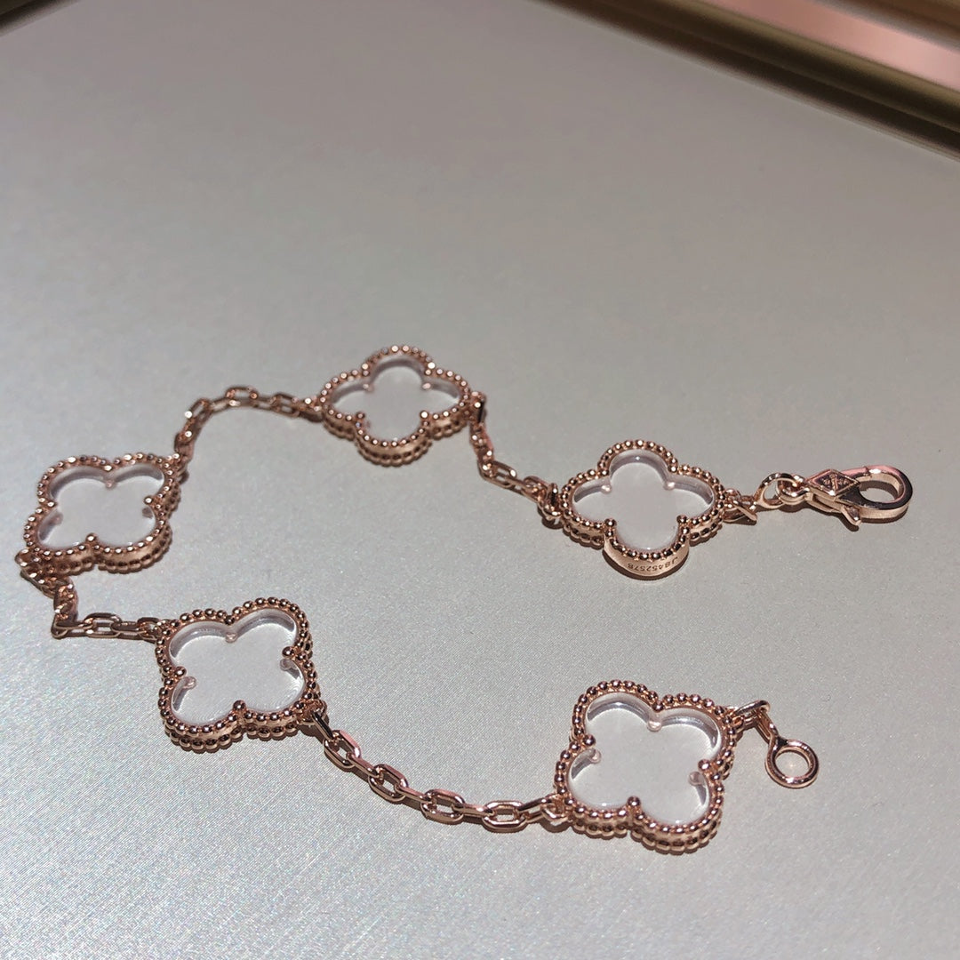 [ローラジュエリー]クローバー 5モチーフ ロッククリスタル ピンクゴールド ブレスレット