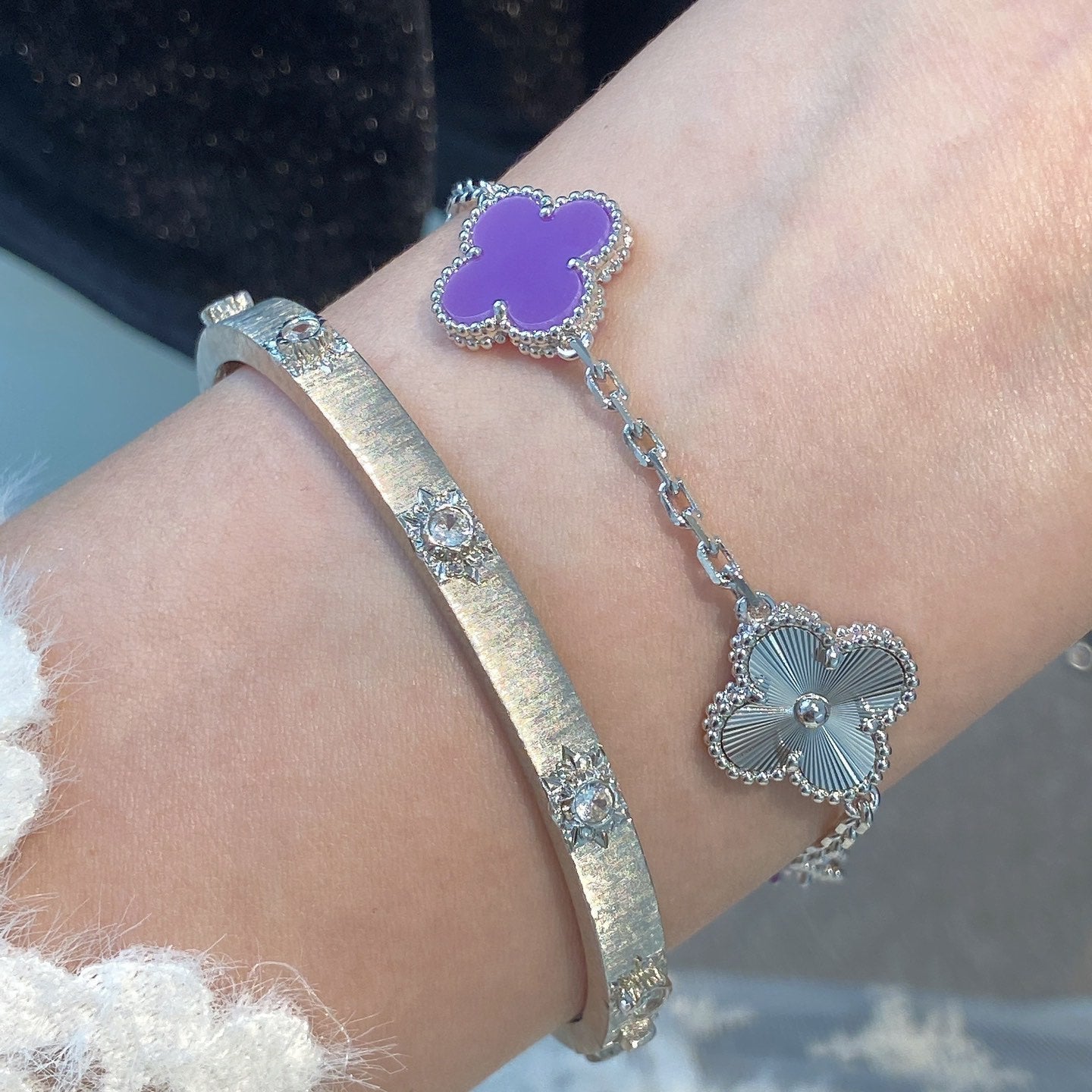 [Lora-Jewelry]CLOVER  5 MOTIFS  PURPLE VIOLET BRACELET SILVER