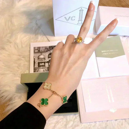 [Lora-Jewelry]CLOVER  5 MOTIF MALACHITE DIAMOND BRACELET
