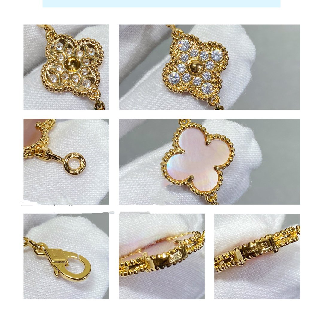 [ローラジュエリー]クローバー 5モチーフ ダイヤモンド ピンクモップ ピンクゴールド ブレスレット