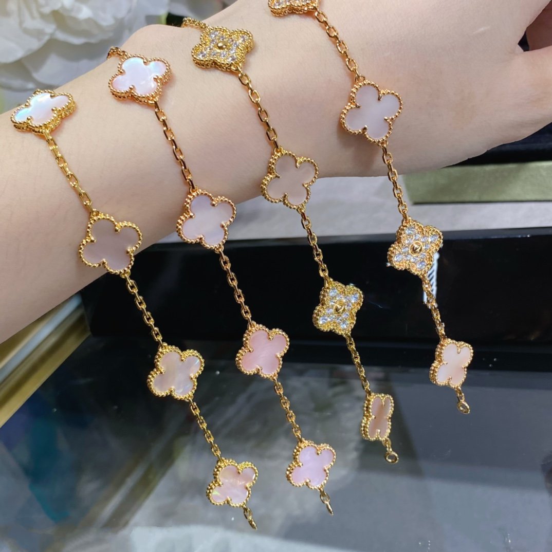 [ローラジュエリー]クローバー 5モチーフ ダイヤモンド ピンクモップ ピンクゴールド ブレスレット