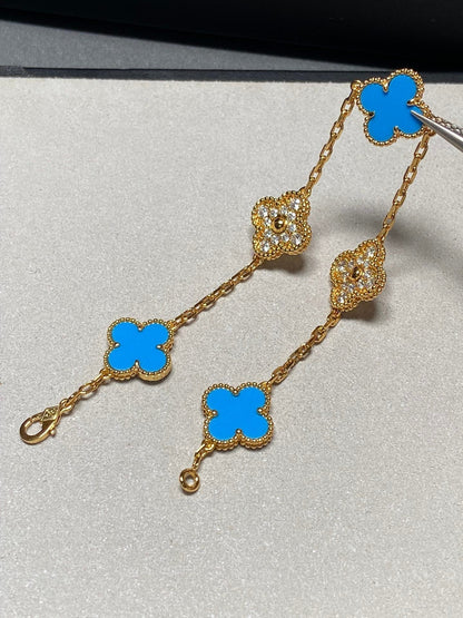[Lora-Jewelry]CLOVER 5 MOTIF BLUE CHALCEDONY DIAMOND GOLD BRACELET