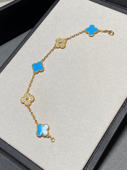 [Lora-Jewelry]CLOVER 5 MOTIF BLUE CHALCEDONY DIAMOND GOLD BRACELET