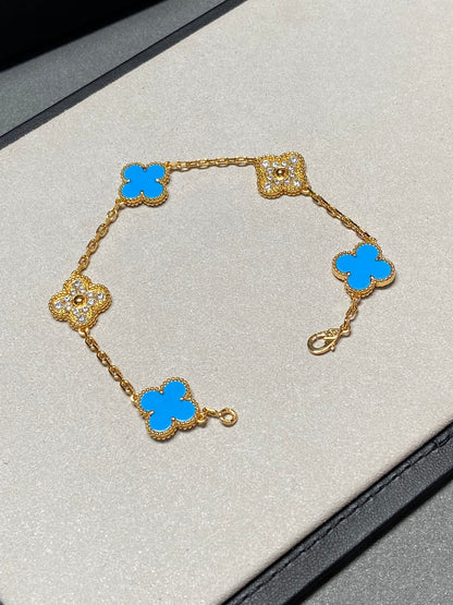 [Lora-Jewelry]CLOVER 5 MOTIF BLUE CHALCEDONY DIAMOND GOLD BRACELET