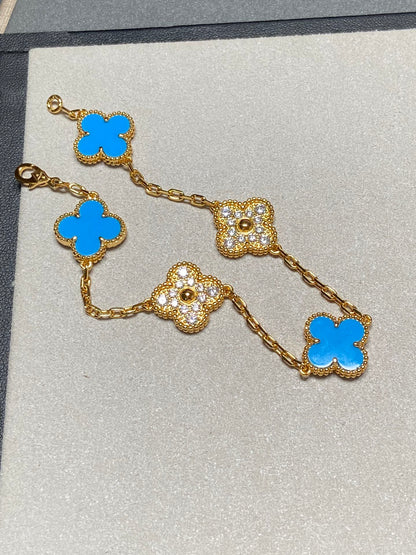 [Lora-Jewelry]CLOVER 5 MOTIF BLUE CHALCEDONY DIAMOND GOLD BRACELET
