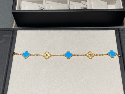 [Lora-Jewelry]CLOVER 5 MOTIF BLUE CHALCEDONY DIAMOND GOLD BRACELET