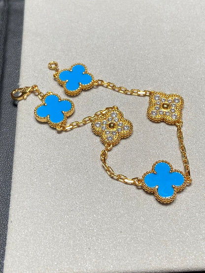 [Lora-Jewelry]CLOVER 5 MOTIF BLUE CHALCEDONY DIAMOND GOLD BRACELET