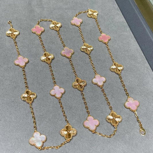 [Lora-Jewelry]CLOVER 20 MOTIFS LASER PINK MOP NECKLACE
