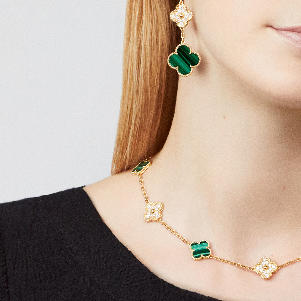 [Lora-Jewelry] COLLIER TRÈFLE 10 MOTIFS MALACHITE DIAMANT