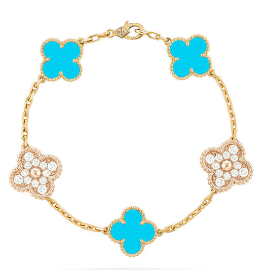 [Lora-Jewelry]CLOVER 5 MOTIF TURQUOISE DIAMOND GOLD BRACELET