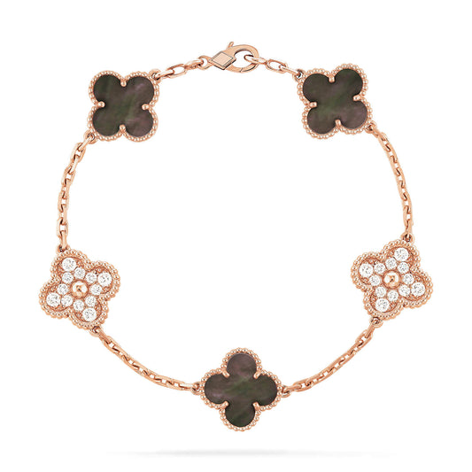 [Lora-Jewelry]CLOVER 5 MOTIFS DARK MOP AND DIAMONDS PINK GOLD BRACELET