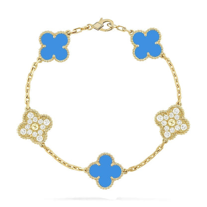 [Lora-Jewelry]CLOVER 5 MOTIF BLUE CHALCEDONY DIAMOND GOLD BRACELET