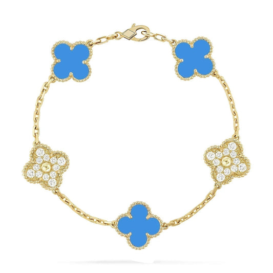 [Lora-Jewelry]CLOVER 5 MOTIF BLUE CHALCEDONY DIAMOND GOLD BRACELET