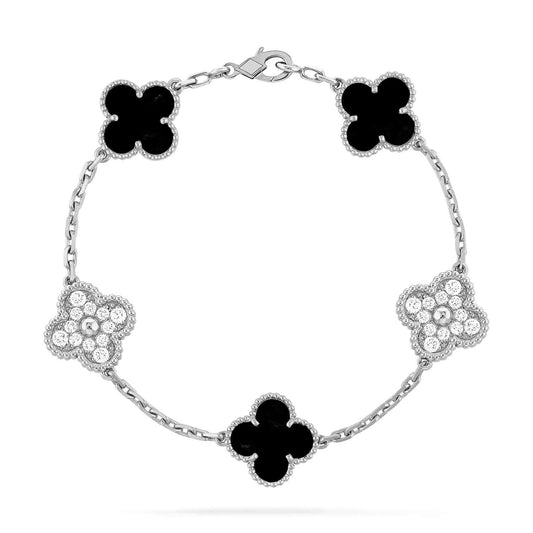 [Lora-Jewelry]CLOVER 5 MOTIF ONYXS DIAMOND BRACELET SILVER