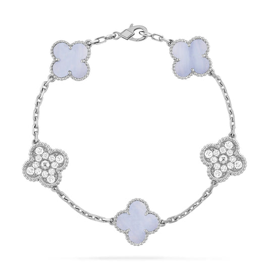 [Lora-Jewelry]CLOVER  5 MOTIF DIAMOND PURPLE CHALCEDONY BRACELET SILVER