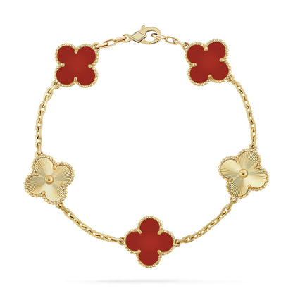 [Lora-Jewelry]BRACELET EN OR AVEC 5 MOTIFS DE TRÈFLE ET CORNALINE 