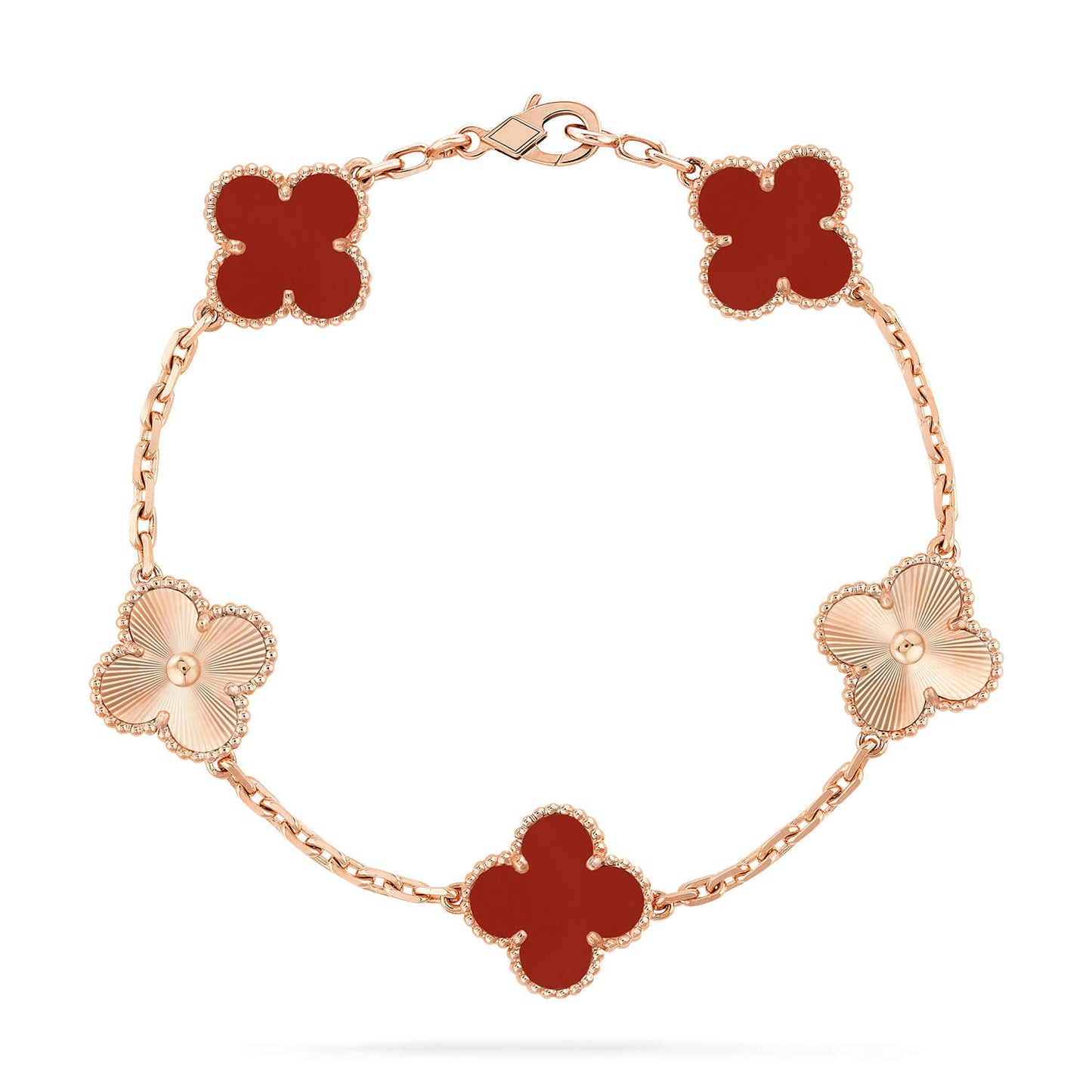 [Lora-Jewelry]BRACELET EN OR AVEC 5 MOTIFS DE TRÈFLE ET CORNALINE 