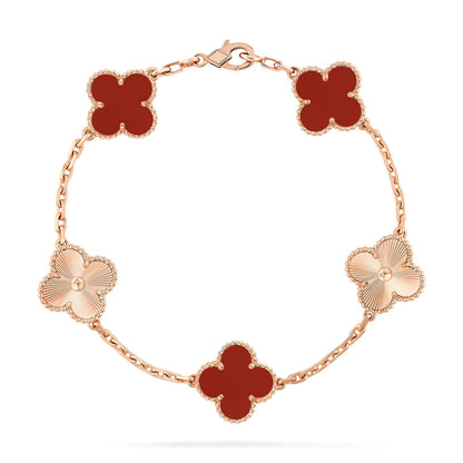 [Lora-Jewelry]BRACELET EN OR AVEC 5 MOTIFS DE TRÈFLE ET CORNALINE 