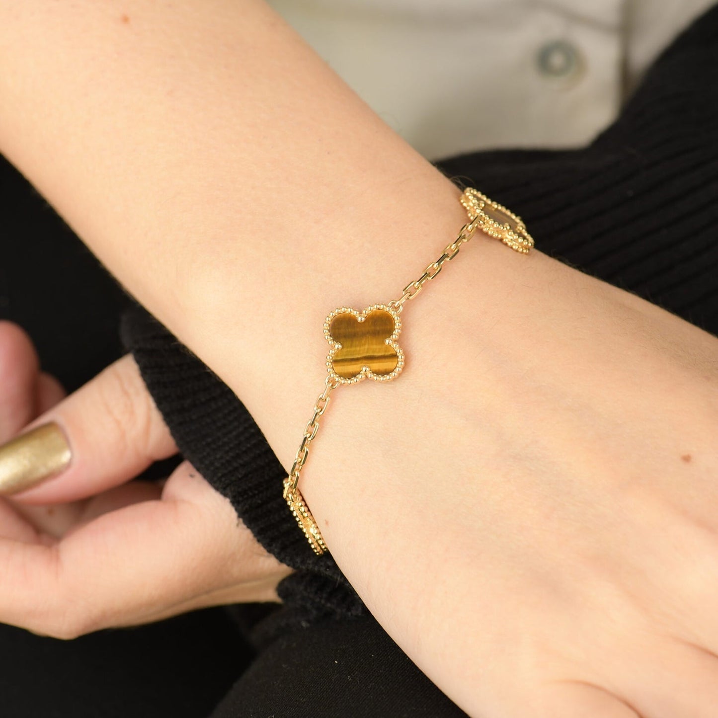 [Lora-Jewelry]CLOVER  5 MOTIFS TIGER EYE BRACELET