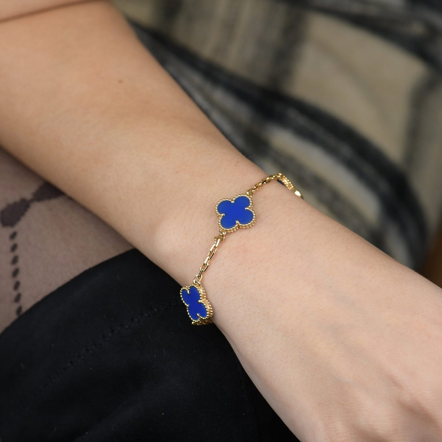 [Lora-Jewelry]CLOVER 5 MOTIFS BLUE AGATE BRACELET