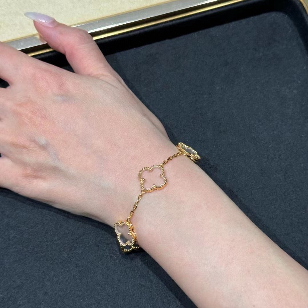 [ローラジュエリー]クローバー 5モチーフ ロッククリスタル ピンクゴールド ブレスレット