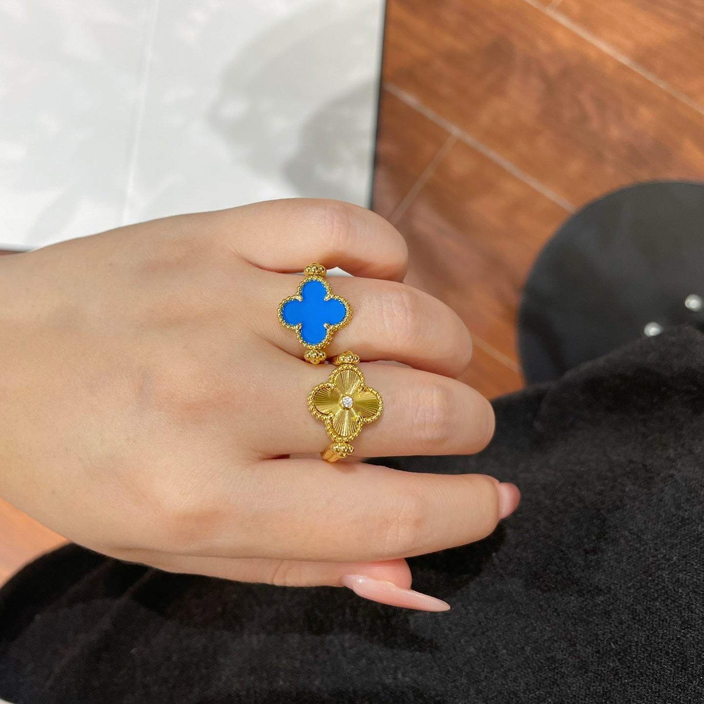 [ローラジュエリー]クローバー リバーシブル ブルーアゲート リング