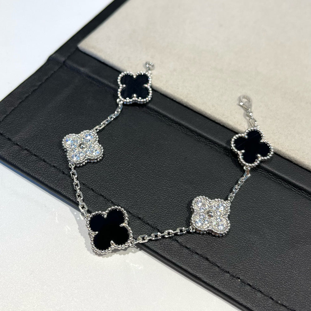 [ローラジュエリー]クローバー 5モチーフ オニキス ダイヤモンド ブレスレット シルバー