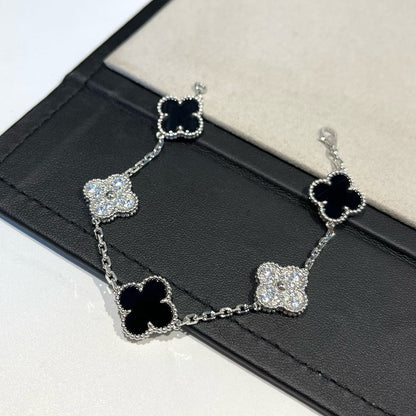 [ローラジュエリー]クローバー 5モチーフ オニキス ダイヤモンド ブレスレット シルバー