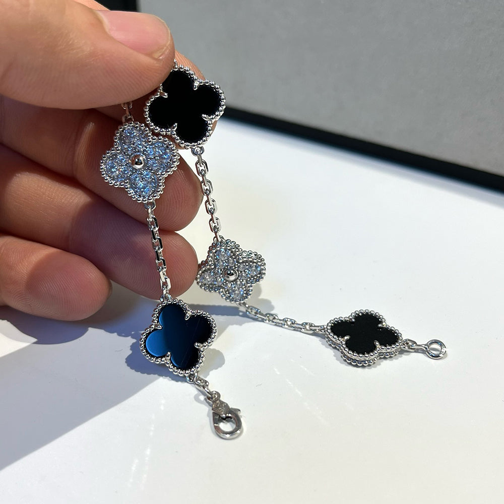 [ローラジュエリー]クローバー 5モチーフ オニキス ダイヤモンド ブレスレット シルバー