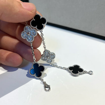 [ローラジュエリー]クローバー 5モチーフ オニキス ダイヤモンド ブレスレット シルバー