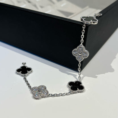 [ローラジュエリー]クローバー 5モチーフ オニキス ダイヤモンド ブレスレット シルバー