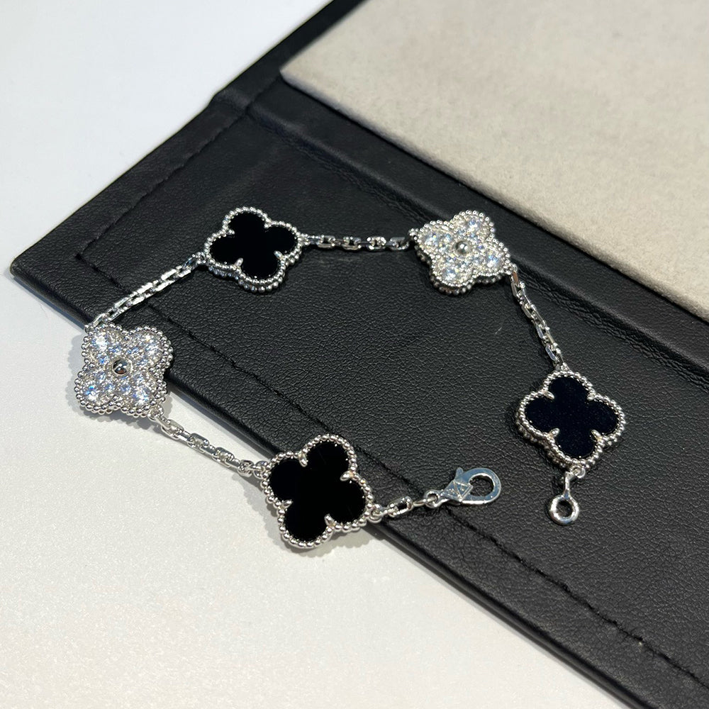 [ローラジュエリー]クローバー 5モチーフ オニキス ダイヤモンド ブレスレット シルバー