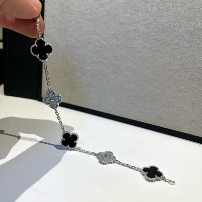 [ローラジュエリー]クローバー 5モチーフ オニキス ダイヤモンド ブレスレット シルバー