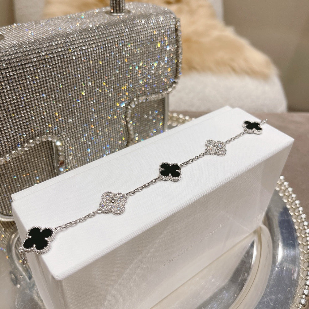 [ローラジュエリー]クローバー 5モチーフ オニキス ダイヤモンド ブレスレット シルバー