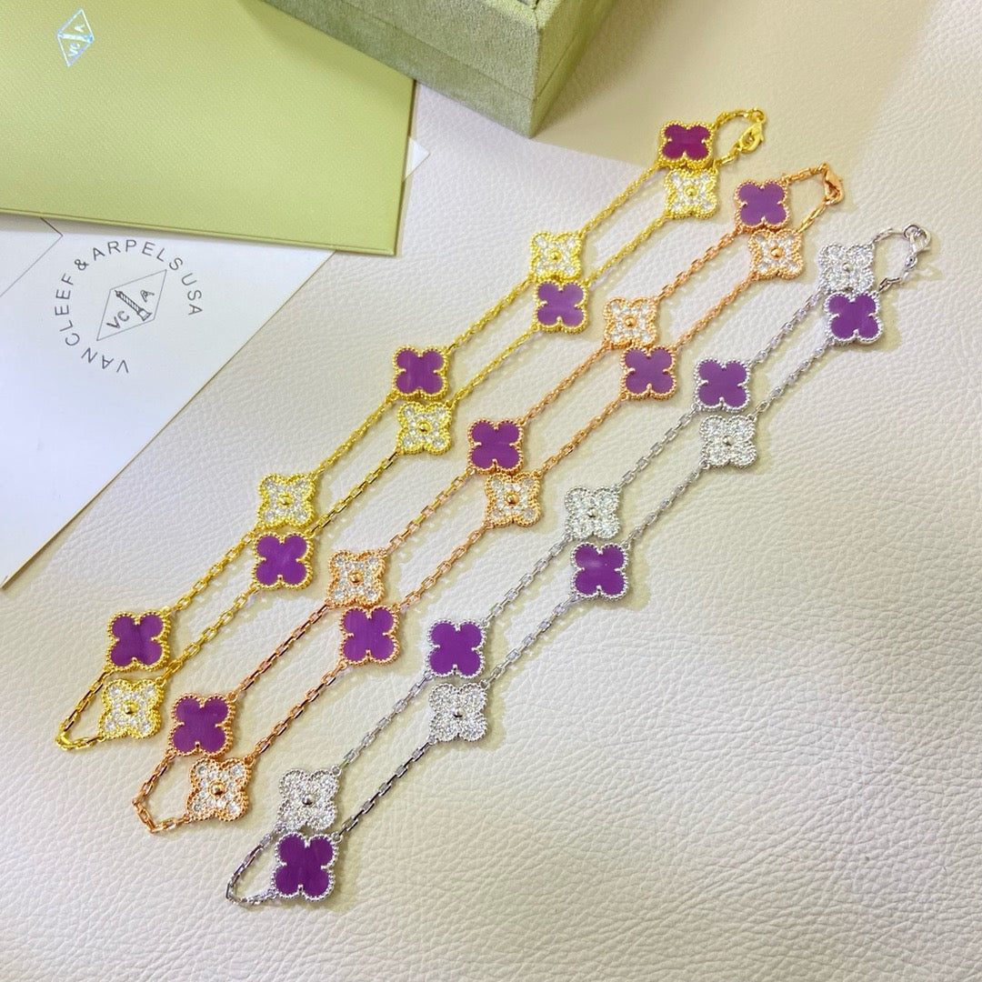 [ローラジュエリー]クローバー 10モチーフ パープルバイオレットダイヤモンドネックレス
