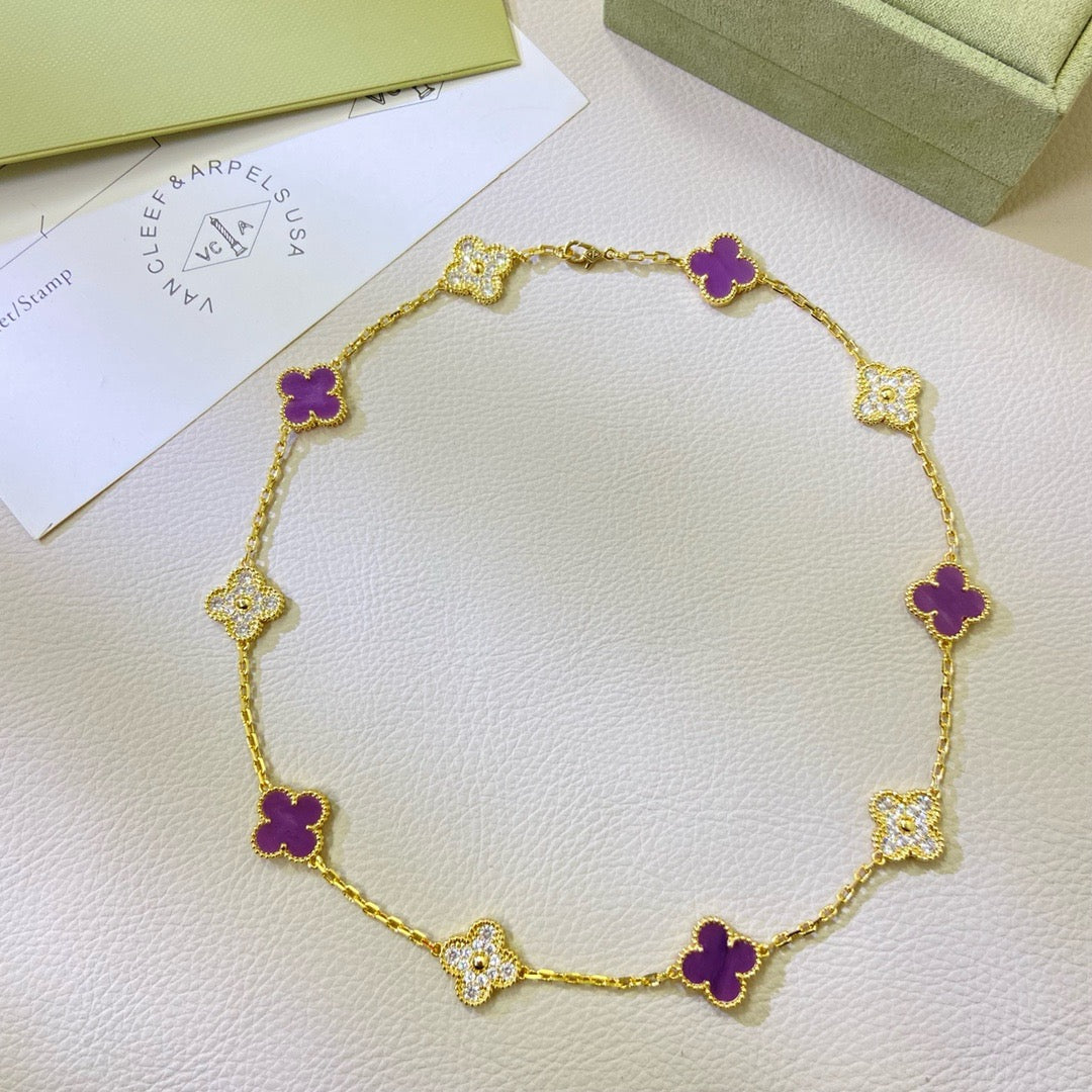 [ローラジュエリー]クローバー 10モチーフ パープルバイオレットダイヤモンドネックレス