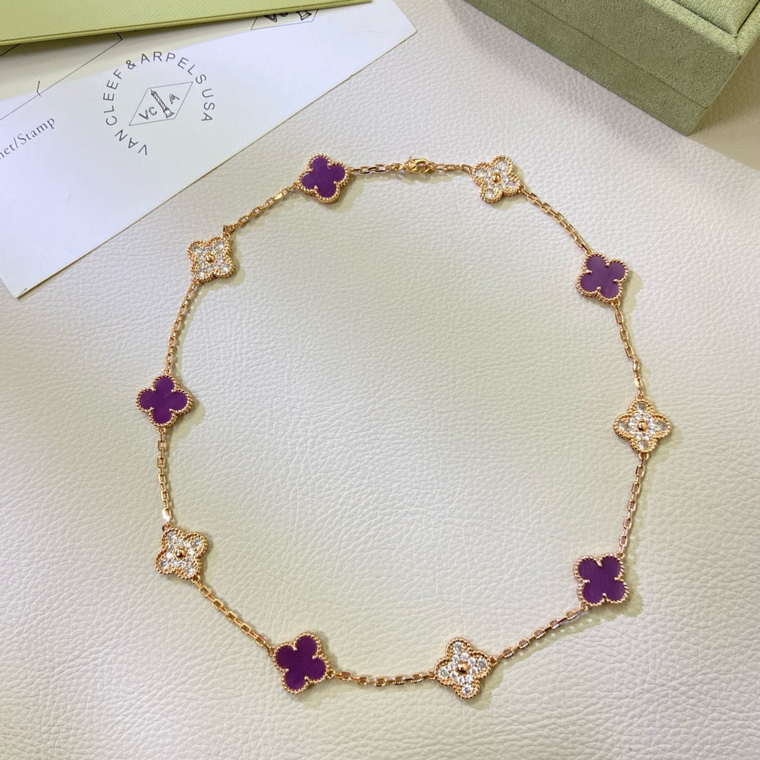 [ローラジュエリー]クローバー 10モチーフ パープルバイオレットダイヤモンドネックレス