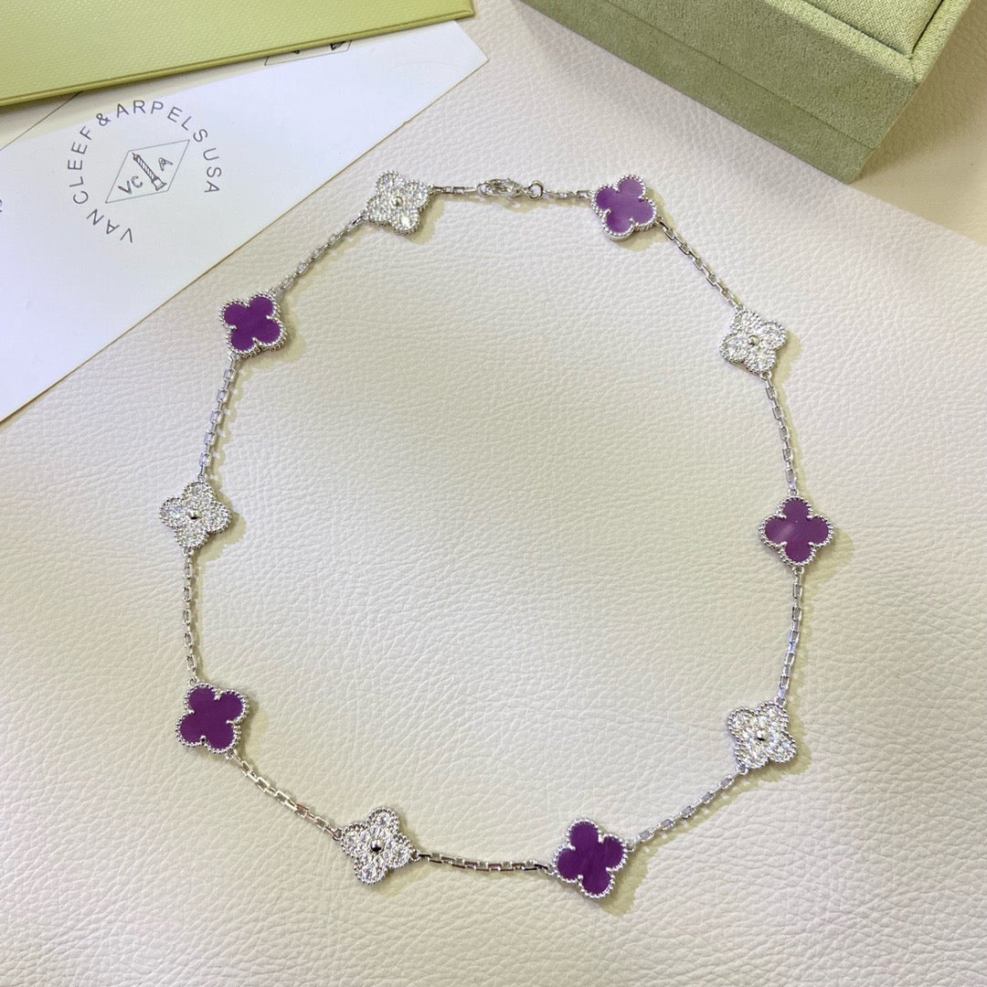 [ローラジュエリー]クローバー 10モチーフ パープルバイオレットダイヤモンドネックレス