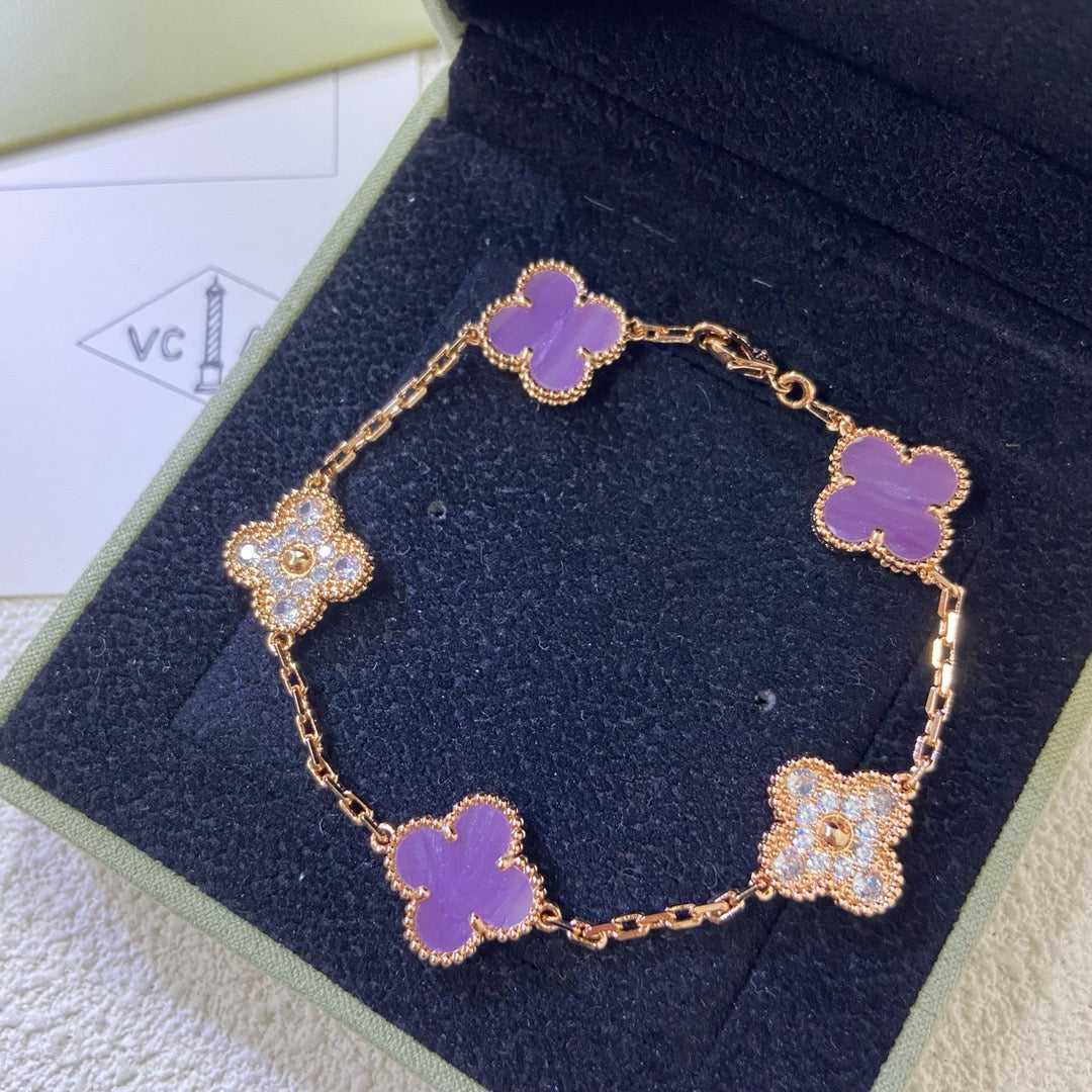 [Lora-Jewelry]CLOVER  5 MOTIFS  PURPLE VIOLET DIAMOND BRACELET